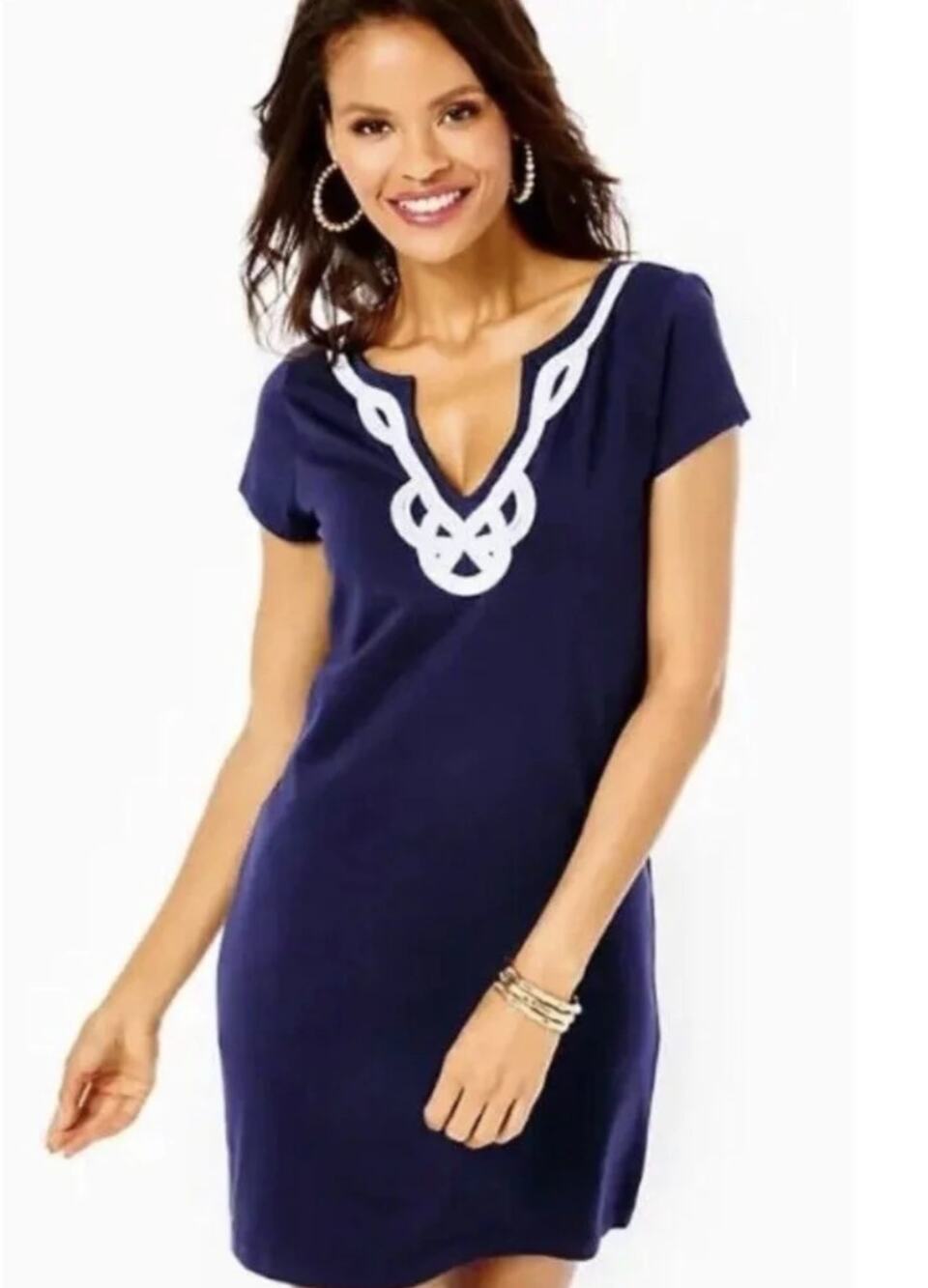 Lilly Pulitzer Womens S Blue White Brewster T Shirt Dress Pima Cotton Coastal